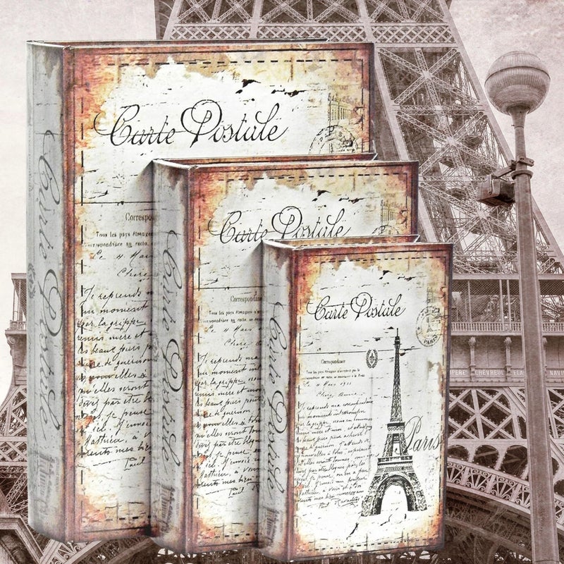 Bellaa 28069 Decorative Book Box Gift Set of 3 Paris Eiffel Tower Vintage Hidden Invisible Secret Storage Heavy Bookends Bookshelves Support End Magnetic Cover Stash Designed Wood Flux Leather - Image 2